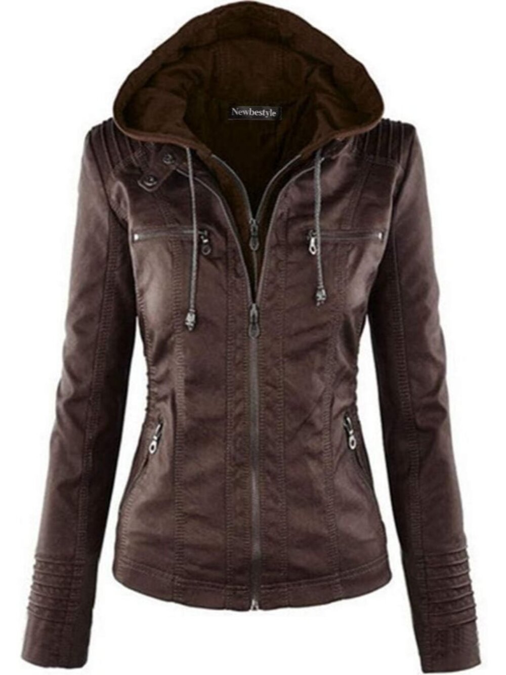 Women's Dark Brown Hooded Faux Leather Long Sleeve Zipper Motorcycle Jacket